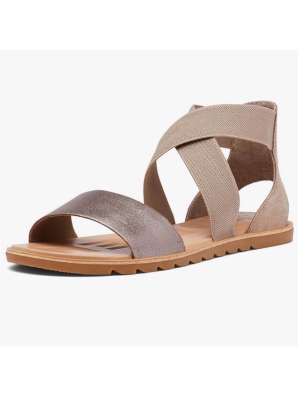 Sorel Ella II Sandals metallic leather taupe crisscross elastic straps Women’s 6